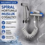 Polham Paslanmaz Çelik Spiral Hortumlu Musluk Çoğaltıcı – Çift Çıkışlı, Sprey Başlıklı, Banyo Tuvalet Lavabo Temizlik Se