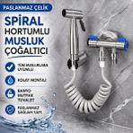 Polham Paslanmaz Çelik Spiral Hortumlu Musluk Çoğaltıcı – Çift Çıkışlı, Sprey Başlıklı, Banyo Tuvalet Lavabo Temizlik Seti - Krom