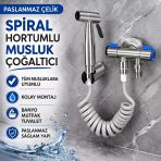 Polham Paslanmaz Çelik Spiral Hortumlu Musluk Çoğaltıcı – Çift Çıkışlı, Sprey Başlıklı, Banyo Tuvalet Lavabo Temizlik Seti
