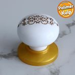 Polimer Düğme Kulp Beyaz Desenli Tablalı Gold Dolap Mobilya Mutfak Dolabı Çekmece Dolap Kulpu Kulbu