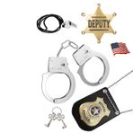 Polis Rozeti ve Oyuncak Oyuncak Seti - Anahtarlı Metal Kelepçe, Amerikan Bayrağı Sallayan Yaka İğneleri, Düdük, NYPD Yardımcısı Rozeti - Cadılar Bayramı Giydirme Aksesuarı - Siyah