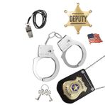 Polis Rozeti ve Oyuncak Oyuncak Seti - Anahtarlı Metal Kelepçe, Amerikan Bayrağı Sallayan Yaka İğneleri, Düdük, NYPD Yardımcısı Rozeti - Cadılar Bayramı Giydirme Aksesuarı - Siyah