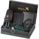 Polo Air Erkek Kol Saati Anahtarlık Cüzdan Kemer Kartlık Kombin Siyah Set PL-0864E1 - Mat Siyah