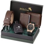 Polo Air Erkek Kol Saati Parfüm Cüzdan Kemer Kartlık Kombin Set Siyah Bakır Renk PL-0918E4 - Bakır - Siyah