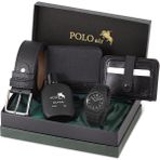 Polo Air Erkek Kol Saati Parfüm Cüzdan Kemer Kartlık Kombin Set Siyah PL-0905E1 - Mat Siyah