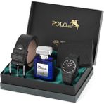 Polo Air Klasik Metal Kordon Erkek Kol Saati Cüzdan Kemer Parfüm Kombin Siyah Renk PL-0915E1 - Mat Siyah