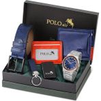 Polo Air PL-0916E2 Erkek Kol Saati Cüzdan Kemer Kartlık Anahtarlık Çakmak Kombin Bakır Gümüş Lacivert Set