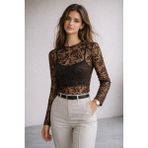 Polo State Kadın Slim Fit Transparan Dantel Desenli Tül Bluz Kahverengi