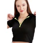 Polo Yaka Neon Fermuarlı Kaşkorse Bluz Kahverengi Siyah