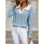 Polo Yaka Örgü Desenli Kadın Triko Kazak - Bebek Mavisi - XL