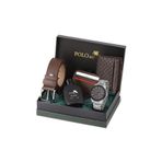 Poloair Erkek Kol Saati Dama Desen Cüzdan Kemer Kartlık Parfüm Kombin Set Gümüş Kahverengi Renk PL-0992E3