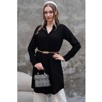 Polologin Butik Dökümlü Siyah Uzun Gömlek Tunik