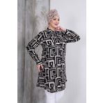 Polologin Butik Siyah Beyaz Labirent Desen Gömlek Tunik