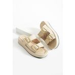 Polomia Comfort Calie Kadın Anatomik Comfort İki Bantlı Gold Detay Tokalı Esnek Yazlık Günlük Flat Sandalet Terlik