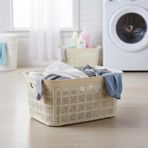 Poomy 35 LT Hasır Desenli Plastik Çamaşır Selesi - Ergonomik Tutma Saplı Kirli Sepeti, Hava Alabilen Delikli Tasarım, Banyo ve Çamaşır Odası Düzenleyici, Krem