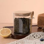 Poomy 450 ml Bambu Kapaklı ve Kaşıklı Cam Kavanoz, Hava Sızdırmaz Contalı, Çay, Kahve ve Baharat Kavanozu