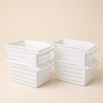 Poomy 4’lü Beyaz Plastik Düzenleyici Sepet, Kulplu Mutfak Dolap İçi Organizer, Buzdolabı Erzak Saklama Sepeti, 30x17x15 cm Çok Amaçlı Raf ve Tezgah Düzenleyici