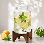Poomy 5 Lt Cam Sebil Akasya Standlı, Musluklu İçecek Dispenseri, Kapaklı Cam Damacana Sebil, Limonata Detoks Suyu Soğuk İçecek Sunumluk, Mutfak Bahçe Balkon Kullanımı