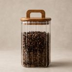 Poomy 700 ML Ahşap Kapaklı ve Saplı Kare Oluklu Cam Kahve Saklama Kavanozu, Şeffaf Erzak Kabı, Kahve Çekirdeği, Kuruyemiş, Şeker, Bakliyat ve Mutfak Saklama Kabı