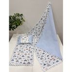 Poplin Kumaş ve Ponponlu Alt Açma , Yastık ve Battaniye 3'lü Set - Mavi - 100 x 100