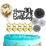 POPOYU 16 Adet Mutlu 30. Doğum Günü Pastası Üstü Siyah Altın Erkekler ve Kadınlar için, Glitter kişiselleştirilmiş Pasta Üstü Cupcake Toppers, Pasta Üstü Seti 30. Doğum Günü Pastası Süslemeleri, Pasta için