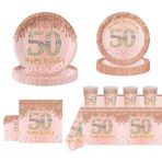 POPOYU 69 adet parti yemek takımı 50. doğum günü, peçete 50. doğum günü, pembe altın, 50. doğum günü, kadın masa dekorasyonu seti, kağıt bardak, kağıt tabak, peçete, masa örtüsü, kadınlar için, doğum günü