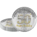 POPOYU Happy 50th Birthday Kağıt Tabaklar 22,8 cm Şerit ve Altın, 16 Adet Sofra Parti Tabakları, Erkek, Kız Çocuk, Onun için Mutlu 50. Doğum Günü Dekorasyon Tabakları 50. Doğum Günü Partisi Malzemeleri Masa
