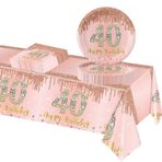 POPOYU Pembe altın 40. doğum günü partisi yemek takımı, tek kullanımlık tabak 9 inç peçete plastik dikdörtgen masa örtüsü, 37 adet pembe altın parti yemek takımı seti, kadınlar için 40. doğum günü partisi dekorasyonu