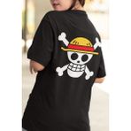 Populus Anime One Piece Hasır Şapka Korsanları Ön - Arka Baskılı Tişört - 02S-Siyah