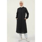 Poriento %100 Pamuk Müslin Kumaş Fermuarlı Uzun Tesettür Kadın Tunik - Hac, Umre ve Günlük Kullanım Uyumlu - Siyah - 4XL
