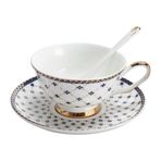 Porlien Kraliyet Mavisi Yıldız-Gece Porselen 7oz Çay Fincanı ve Tabağı Seti 15,24 cm Kahve Kaşığı ile