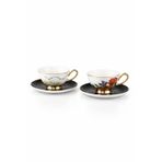 Porselen Çay Fincan Seti, 200 cc, Altın Detaylı, Çiçek Desenli, 4 Parça, 2 Kişilik, Siyah-Beyaz