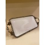 Porselen Dikdörtgen Sunum Tabağı Döküm Pirinç Ayaklı Kulplu Antik Eskitme 32X16 cm