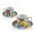 Porselen Kahve Fincan Seti, Limon ve Çiçek Desenli, 13,5x5,5 cm, 2 Kişilik Set