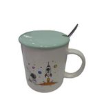 Porselen Kupa Bardak Mug Hediyelik Ürün Beyaz Tekli Yeşil Kapaklı Metal Kaşıklı