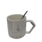 Porselen Kupa Bardak Mug Hediyelik Ürün Tekli Metal Kaşıklı Love Aşk Beyaz Rose Gold Gümüş Renk Kaşık 9cm Yükseklik