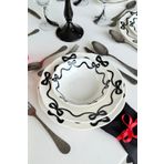 porselenden Fiyonk 16 Parça 4 Kişilik Premium Porselen Özel Siyah Kurdele Desenli Kırık Beyaz Yemek Takımı