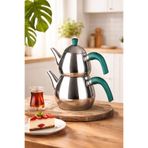 Porsima 1028-2 Damla Bakalit Kulp Orta Boy Paslanmaz Çelik Çaydanlık Takımı - Yeşil - 0.75-1.50Lt