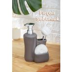 Porsima 277746 Tezgah Üstü Gri Sıvı Sabunluk Fırçalı Süngerli Porselen Sabunluk (550ML) 20cm