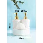 Porsima 3117 Gold Kapaklı Porselen Süngerli 2Li Sıvı Sabunluk Beyaz 350+350 Ml Açık Gri - Beyaz