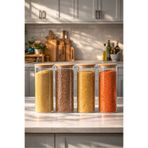 Porsima 4-4 Bambu Vakumlu Kapaklı Yuvarlak Borosilikat Cam 4lü Kavanoz Seti Saklama Kabı 2100ml 10x30cm