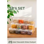 Porsima 433-4 12 li Kare Etiketli Gıda Erzak Baharat Saklama Kabı Seti 4x(0.50+1.10+1.75) Lt Şeffaf