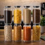 Porsima 4401 Bormio Metal Kapaklı 8li Cam Kavanoz Seti Vakum Kapaklı Saklama Düzenleme Kabı Seti 1400ML - Şeffaf - 1,4 lt