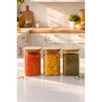 Porsima 6-3 Bambu Vakumlu Kapaklı Kare Borsilikat Cam 3lü Kavanoz Seti Saklama Kabı 1250ML 9,5X15CM