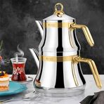 Porsima Lines Naz Mini Boy Paslanmaz Çelik El Yakmaz Kulplu Kapsül Tabanlı Altın Kemerli Çaydanlık Takımı