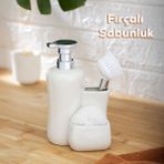 Porsima Tezgah Üstü Fırçalı Süngerli Mutfak Banyo Porselen Sıvı Sabunluk Takımı Seti Beyaz 550 ml