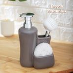 Porsima Tezgah Üstü Fırçalı Süngerli Mutfak Banyo Porselen Sıvı Sabunluk Takımı Seti Gri 550 ml