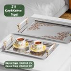 Porsima Yüzük 2li Paslanmaz Çelik Gümüş Kahve Tepsisi Gold Beyaz Desenli Dekoratif Servis Sunum Tepsisi