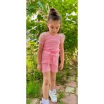 Portakal Bebek Kolları Tüllü Kız Çocuk Pembe Şort Bluz Alt Üst Takım