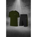 Poseidon Storm Büyük Beden Erkek Haki Dri-Fit Kumaş Yürüyüş ve Koşu Için Konforlu Cepli Sıfır Yaka Tişört Şort Ikili Alt Üst Seti 4XL-10XL - 4 XL